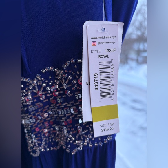 🆕 R&M Richards Royal Blue Beaded Waist Maxi Evening Gown Size 14P Formal Dress - Picture 14 of 17